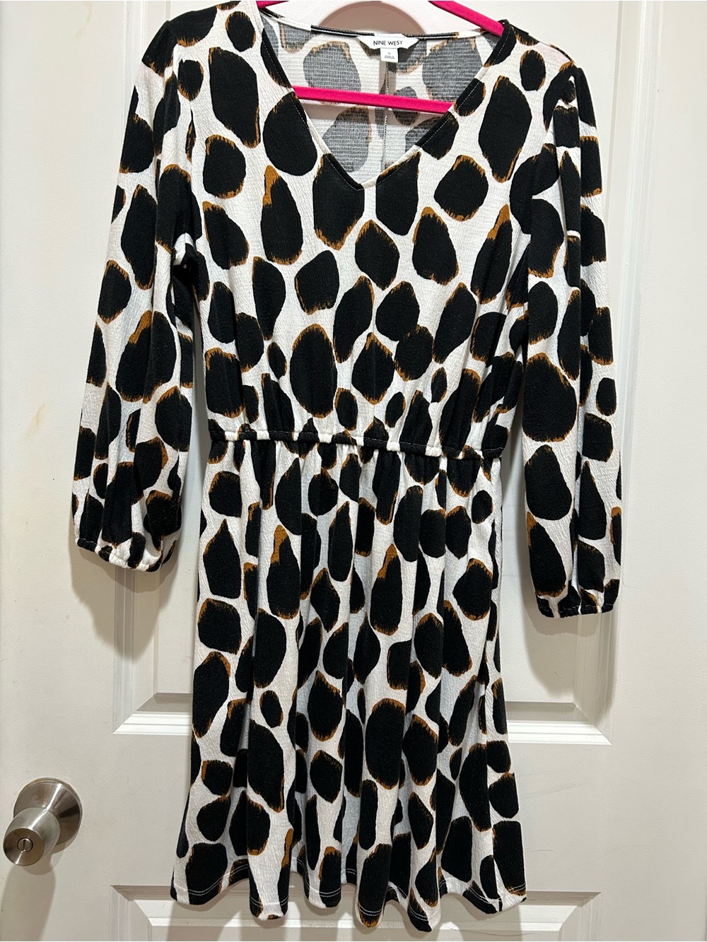Nine West Black, White & Brown Animal Print Long Sleeve Dress